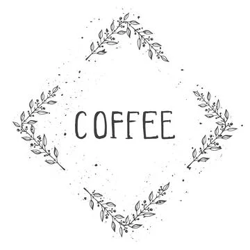 Vector hand drawn illustration of text COFFEE and floral rhomboid frame with  Stock Illustration