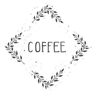 Vector hand drawn illustration of text COFFEE and floral rhomboid frame with  Stock Illustration