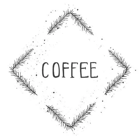 Vector hand drawn illustration of text COFFEE and floral rhomboid frame with  Illustrazione stock