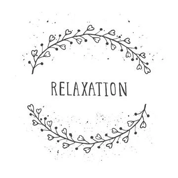 Vector hand drawn illustration of text RELAXATION and floral round frame with Stock Illustration