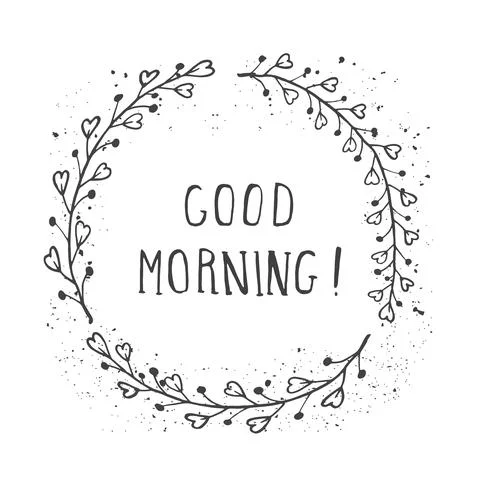 Vector hand drawn illustration of text GOOD MORNING! And floral round frame w Stock Illustration