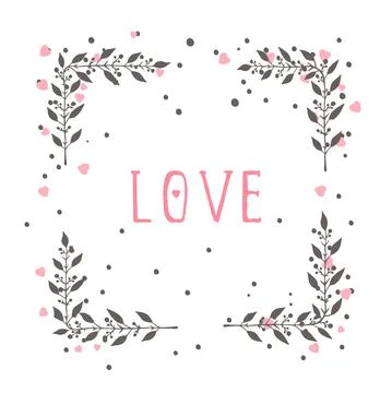 Vector hand drawn illustration of text LOVE and floral rectangle frame. Stock Illustration
