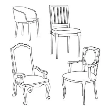 Vector hand-drawn isolated black and white armchairs and chairs Stock Illustration