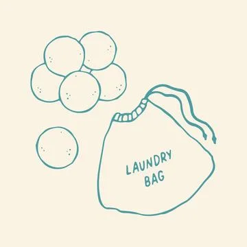 Vector hand drawn laundry wash bag and wool dryer balls. Cute teal doodle of Stock Illustration