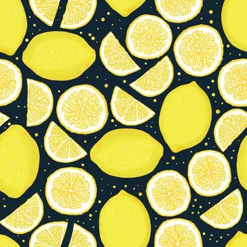 Vector hand drawn lemons and lemon slices seamless pattern print background. Stock Illustration