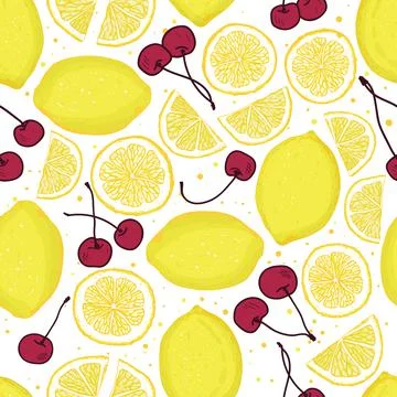 Vector hand drawn lemons and cherries seamless pattern print background. Stock Illustration