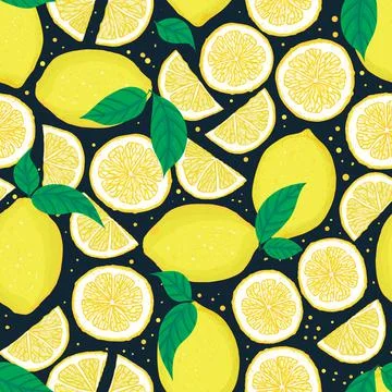 Vector hand drawn lemons and lemon slices seamless pattern print background. Stock Illustration