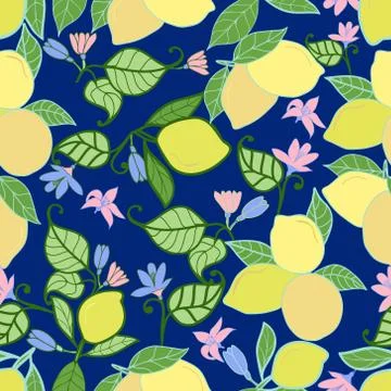 Vector hand drawn lemons with leaves seamless pattern on blue background. Stock Illustration