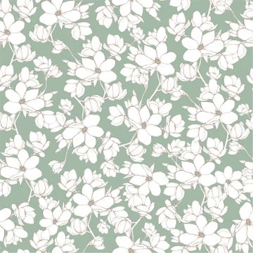 Vector hand-drawn line-art magnolia floral seamless pattern Stock Illustration