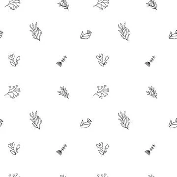 Vector Hand Drawn Line Drawing Doodle Floral Seamless Pattern with Wildflowers 스톡 일러스트