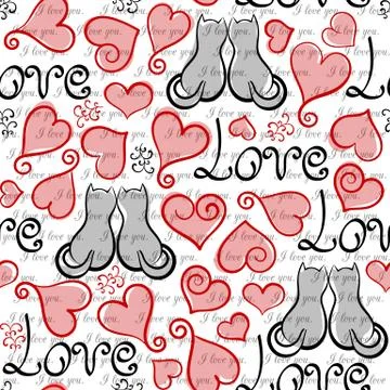Vector hand drawn line red, black and white hearts, lettering and cats seamless Stock Illustration