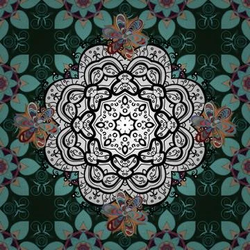 Vector hand-drawn mandala, colored abstract pattern on a blue, white and gray co Illustrazione stock