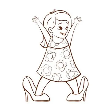 Vector hand drawn monochrome illustration of happy girl trying to wear her mo Stock Illustration