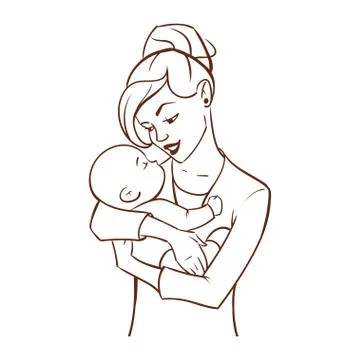 Vector hand drawn monochrome illustration of happy mother Stock Illustration