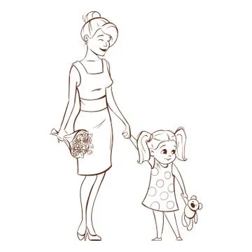 Vector hand drawn monochrome illustration of happy mother Stock Illustration