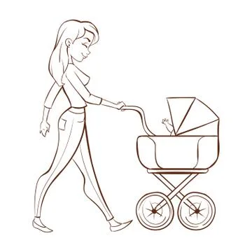 Vector hand drawn monochrome illustration of happy mother with a baby Stock Illustration