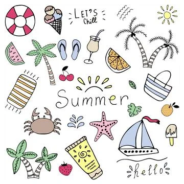 Vector hand drawn multicolored summer set on white background Stock Illustration
