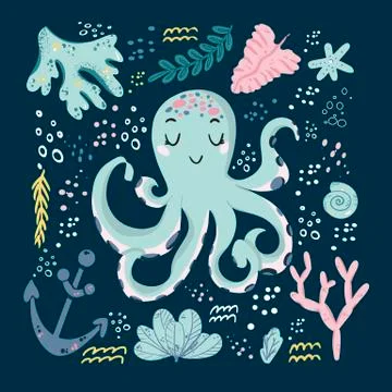 Vector hand drawn octopus. Ocean marine world. For children fashion and Stock Illustration