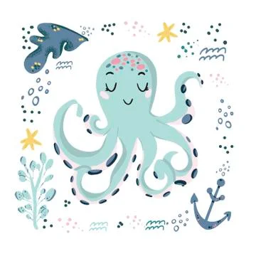 Vector hand drawn octopus. Ocean marine world. For children fashion and Stock Illustration