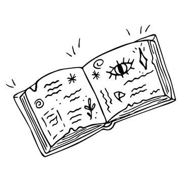Vector hand drawn opened doodle magic book cartoon. Wizard book of spells Stock Illustration