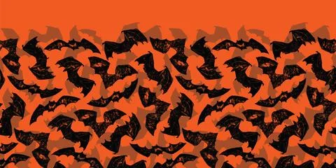 Vector hand drawn orange halloween bats horizontal border pattern. Suitable for Stock Illustration
