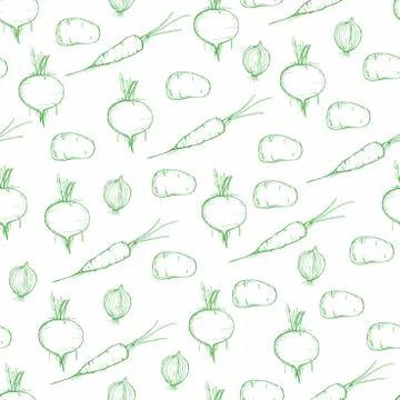 Vector Hand drawn outline seamless pattern with contour carrots, onion, beet Stock Illustration