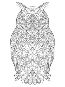 Vector hand drawn Owl sitting on branch. Black and white zentangle art. Ethnic Stock Illustration