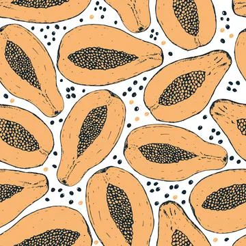 Vector hand drawn papaya seamless pattern print background. Stock Illustration