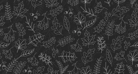 Vector hand drawn pattern with autumn elements on the dark gray background... Stock Illustration