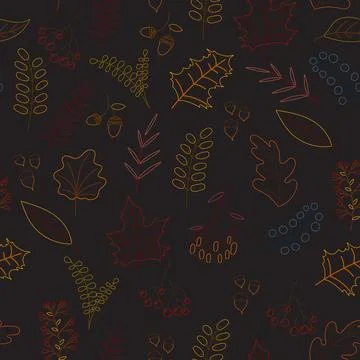 Vector hand drawn pattern with autumn elements on the dark gray background... Stock Illustration
