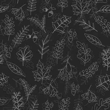 Vector hand drawn pattern with autumn elements on the dark gray background... Stock Illustration
