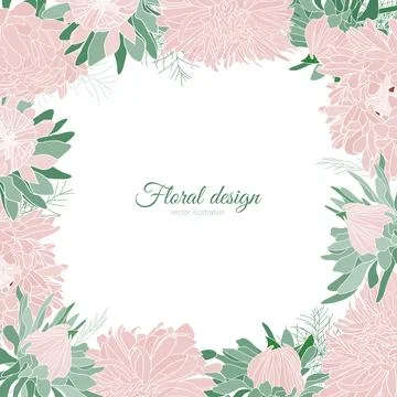 Vector hand drawn pink flower border of asters, daisies, green leaves, botanical Stock Illustration