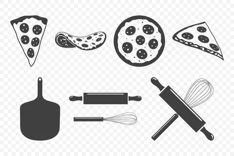 Vector Hand-Drawn Pizza Icon Set. Whole Pizza, Pizza Slice, Paddle, Whisk Illustrazione stock