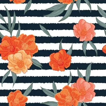 Vector hand drawn pomegranate bloom and stripes seamless pattern print Stock Illustration