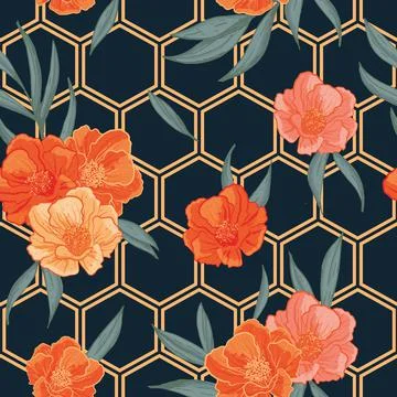 Vector hand drawn pomegranate bloom and hexagon seamless pattern print Stock Illustration