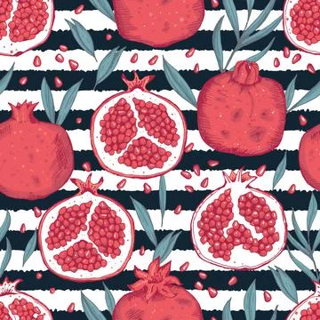 Vector hand drawn pomegranate fluit leaves and seeds on stripped seamless Stock Illustration