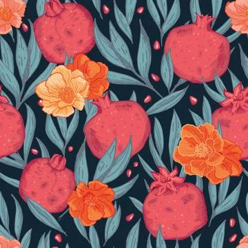 Vector hand drawn pomegranate fruit seeds leaves bloom dark seamless pattern Stock Illustration
