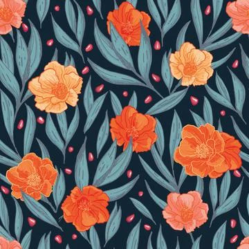 Vector hand drawn pomegranate fruit seeds leaves bloom dark seamless pattern Stock Illustration