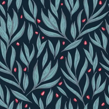 Vector hand drawn pomegranate leafs seamless pattern print background. Stockillustratie