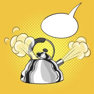 Vector hand drawn pop art illustration of kettle with a steam pulled out from Stock Illustration
