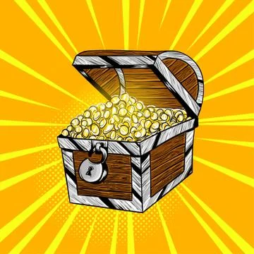 Vector hand drawn pop art illustration of wooden chest with gold coins. Retro Stock Illustration