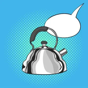 Vector hand drawn pop art illustration of kettle. Empty speech bubble. Retro  Stock Illustration