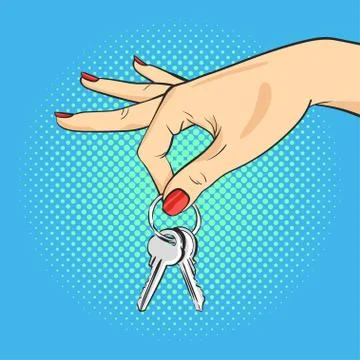 Vector hand drawn pop art illustration of hand holding keys. Retro style. Han Stock Illustration