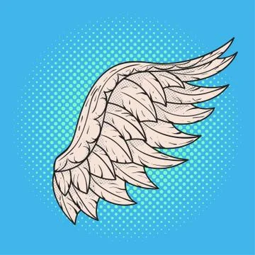Vector hand drawn pop art illustration of angel wing. Retro style. Hand drawn Stock Illustration