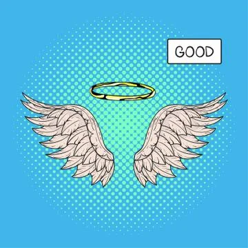 Vector hand drawn pop art illustration of angel wings and nimbus or halo at t Stock Illustration
