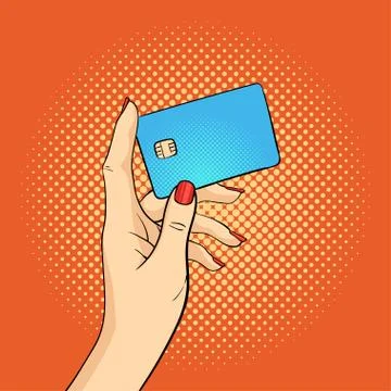 Vector hand drawn pop art illustration of hand holding credit card. Retro sty Stock Illustration