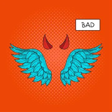 Vector hand drawn pop art illustration of devil wings and devil horns at the  Stock Illustration