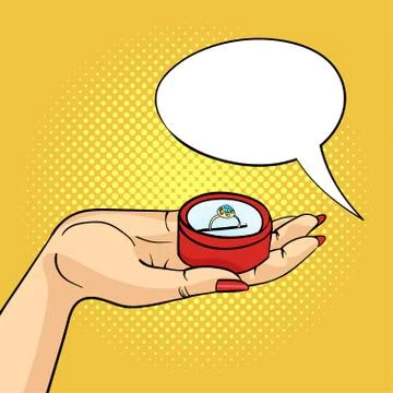 Vector hand drawn pop art illustration of woman hand holding Engagement Ring  Stock Illustration