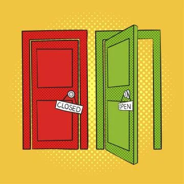 Vector hand drawn pop art illustration of doors. Open and closed door Stock Illustration