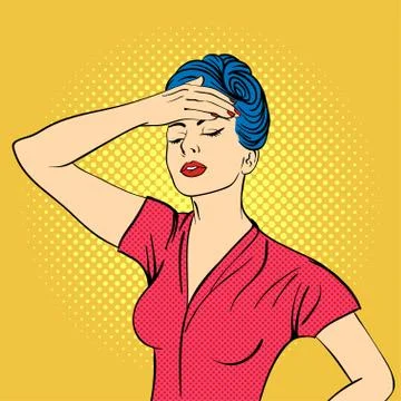 Vector hand drawn pop art illustration of young woman. Concept for headache Stock Illustration